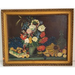 Framed Oil On Canvas. Fruit And Floral Still Life Painting. Antique Wall Art. Gold Grame.