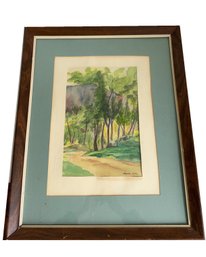 Watercolor Painting, Framed By Elizabeth Acton. Landscape, Trees, Woods, Green Colors.