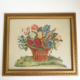 Wonderful Framed Vintage Theorem Painting. Basket Of Flowers Still Life. Signed Lower Right Corner.