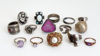 Collection Of Rings. Estate Jewelry. Some Sterling Silver. Various Designs And Sizes.
