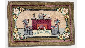 Vintage Hooked Rug. Fireplace Hearth Scene. Cottage Decor. Floral. WELCOME.  20' X 29'. Cozy Home Decor.
