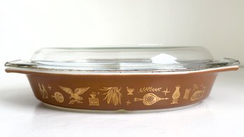 Vintage Pyrex Divided Casserole Dish In The Early American Pattern. Brown Colonial Theme With Gold Graphics