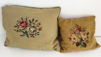 Two Vintage Needlepoint Floral Design Pillows