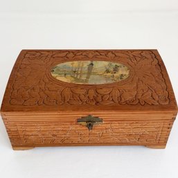 Vintage Hand-carved Wood Jewelry Or Trinket Box With An Oval Pastoral River Scene On Top.