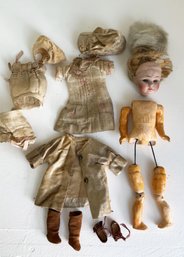 Antique Small Doll For Repair And Clothing Lot.