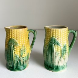 Pair Of Antique Majolica Earthenware Pottery Corn Creamers (small Pitchers)