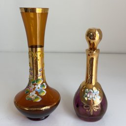 Small Amber Bud Vase And Amethyst Color Decanter, Both Decorated With Flowers. Art Glass. Home Accents.