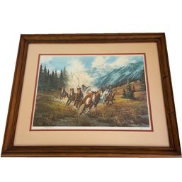 Framed Western Art Print Titled 'Down From High Country' By American Artist Gerry Metz. 1982