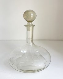 Beautiful Large Decanter With Sailboat Etching In Glass. Nautical Bar Ware. Home Decor. Glass Vessel.