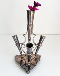 Antique Silver-plated Epergne Centerpiece With Small Trumpet Vases For Flowers