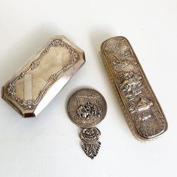 Three Small Silver Plate Items: Brush, Mirror And Crumb Broom Sweeper