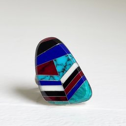 Vintage Sterling Silver Multi-stone Geometric Inlay Statement Ring. Size 10.5. Estate Jewelry. Expandable Size