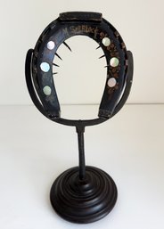 Antique Paint Decorated Horseshoe With Mother Of Pearl Inlay On A Vintage Base. Folk Art. Sculpture. Good Luck