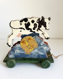 Wooden Pull Toy Depicting The Cow Jumps Over The Moon. Heritage Toys Sebec, Maine. Musical Toy.