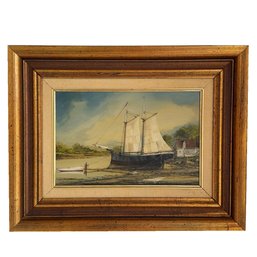 Vintage Framed Oil On Board 'schooner Drying Sail'. R.W. Ellenberger. Kennebunk, Maine Listed Artist. 1983