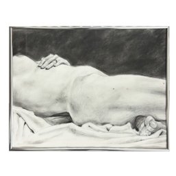Framed Black-and-white Charcoal Drawing Of A Reclining Nude Figure Resting On Draped Fabric. Torso, Body.