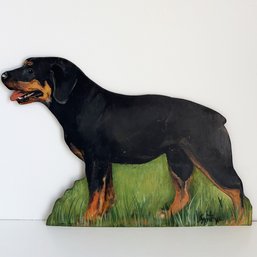 Vintage Rottweiler Dog Cut Out Painting On Ply Wood By Diane Voyentzie. Signed. 1983