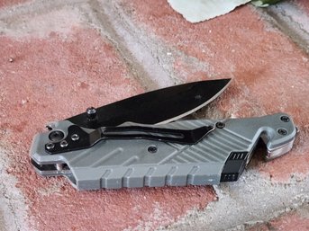 Tactical Rescue Folding Knife Gray Textured Handle With Black Blade Seatbelt Cutter And Glass Breaker EDC