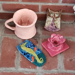 Handmade Studio Art Pottery Lot Signed Mary Octopus Surprise Mug Seahorse Owl And Floral Candle Holder