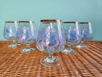 Vintage Bavarian Coat Of Arms Brandy Glasses Snifters Set Of 6 Blue/White Checkered German Barware Gold Rimmed