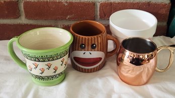 Copper Finish Barrel Cup, Signed Artisan Pottery Mug ,Galerie Sock Monkey Double Handle Mug Lot