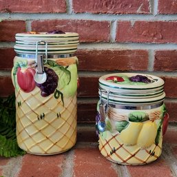 Gourmet Accent Ceramic Fruit Canisters Vintage Airtight Storage Jars Set Of 2 Relief Lattice Kitchenware