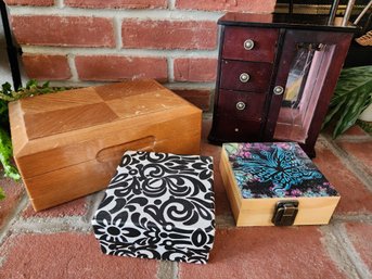 Mele Wood Jewelry Armoire Chest, Graphic Print Paper Gift Boxes, Etched Glass Miniature Vanity Dresser Lot