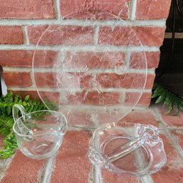 Holiday Glass Platter, Vintage Glass Relish Tray, Clear Glass Cream Pitcher Serving Tableware Set