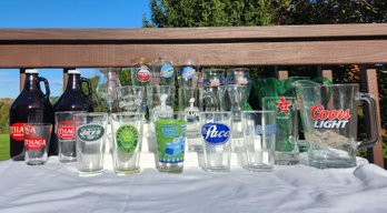 Vintage Beer Glassware Lot Ithaca Growlers Coors Pitcher Heineken Amstel Family Guy Ballantine Glassware