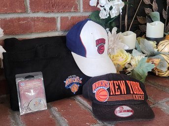 New York Knicks Fan Lot: 2 Caps/Hats, Pewter Keychain & Fleece Throw