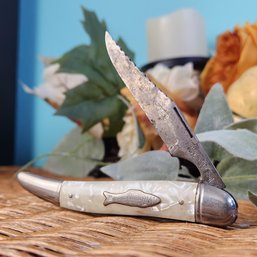 Vintage 1950s Imperial Prov RI USA Fishing Knife Cracked Ice Celluloid Handle With Scaler And Hook Remover