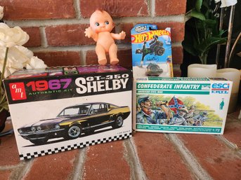 AMT 1967 Shelby GT-350 Model, ESCI ERTL Confederate Infantry, Hot Wheels Aaron Wheelz, And Kewpie Doll Lot