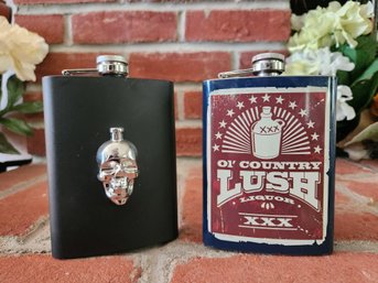 Lot Of 2 Stainless Steel 8oz Hip Flasks Crystal Head Vodka Skull & Ol Country Lush Moonshine Novelty Barware