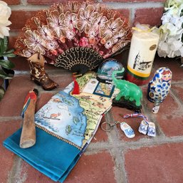 Global Souvenir Lot With Russian Nesting Dolls California Map Tea Towel And Rye Playland NY Snow Globe