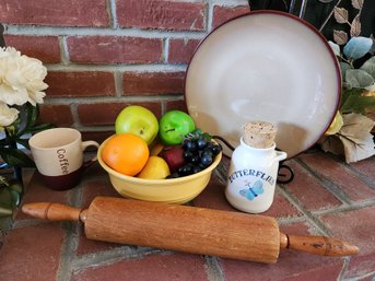 Vintage Sango Nova Brown Stoneware Lot With Yellow Mixing Bowl Wooden Rolling Pin And Butterfly Milk Bottle