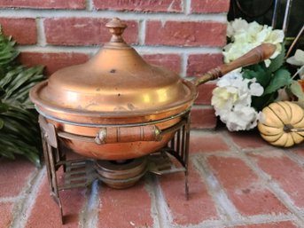 Antique Rochester Copper Chafing Dish Set With 1904 Patented Spirit Burner And Original Wood Handles