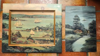 Vintage Americana Folk Art Harbor Scene With Ships & Signed F.H.S. Tonalist Bridge Landscape Painting Art Lot