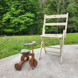 Vintage Folk Art Wooden Child Tricycle With Heart Shaped Seat & Matching Bears And Hearts Folding Chair