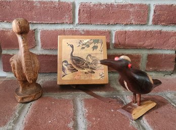 Vintage Hand Carved Ironwood Pelican And Folk Art Shorebird Sculpture With Wooden Goose Coaster Set Lot