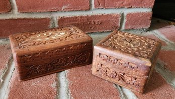 Ornate Carved Wood Keepsake Trinket Boxes W/ Deep Relief Floral Patterns & Contrasting Starburst Center Inlay