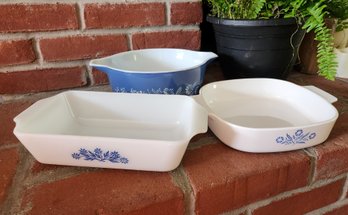 Vintage Blue Floral Pyrex Lot - 475-B Horizon Blue Casserole Corning Ware A-8-B And Fire-King Loaf Pan 3pc Set