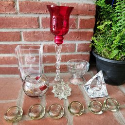 Signed Orrefors Sweden Nils Landberg Romeo Juliet Crystal Vase & Ruby Red Twisted Stem Hurricane Glass Lot