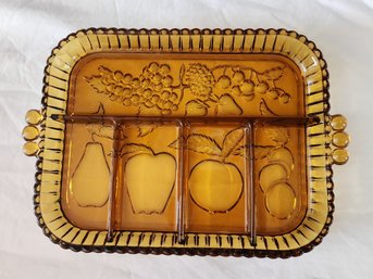 Vintage Amber Glass 5 Compartment Relish Tray With Fruit Intaglio Design - About 11.5'x9'