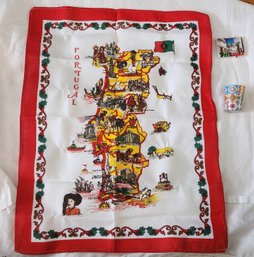Portugal Souvenir Set Map Tea Towel, Azulejo Tile Shot Glass & 3D Resin Street Scene Fridge Magnet Lot
