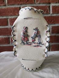 Vintage Italian Pottery Scalloped Vase Textured Hand Painted Peasant Scene Italy
