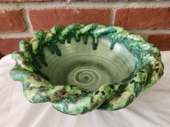 Wheel Thrown Footed Pottery Bowl - Seafoam Green Drip Glaze - Signed