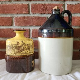 Vintage Stoneware Whiskey Jug & Equestrian Horse Race Decanter Lot