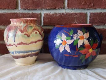 Mid-Century Drip Glaze Ceramic Vase & Folk Art Cobalt Blue Floral Pottery Set - 2 Piece Lot