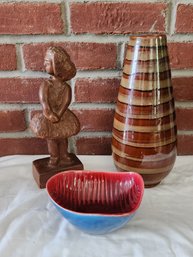 Vintage Decor Trio: Hand Carved Wood Sculpture, Italy Marked Ceramic Bowl & Tall Vase