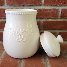 Modern Farmhouse White Ceramic Kitchen Canister With Lid Embossed Leaf Beaded Trim Storage / Cookie Jar